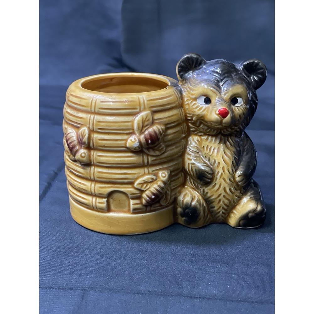Vintage Japan Bear Honey Pot Beehive Jar Spoon Holder Ceramic Mid Century